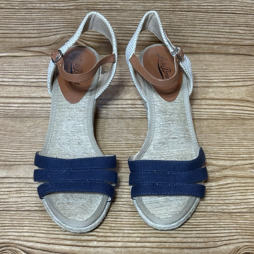 Lucky Brand Shoes Sz 9.5 Kylo Blue Suede Cream Espadrille Wedge Strappy Sandals